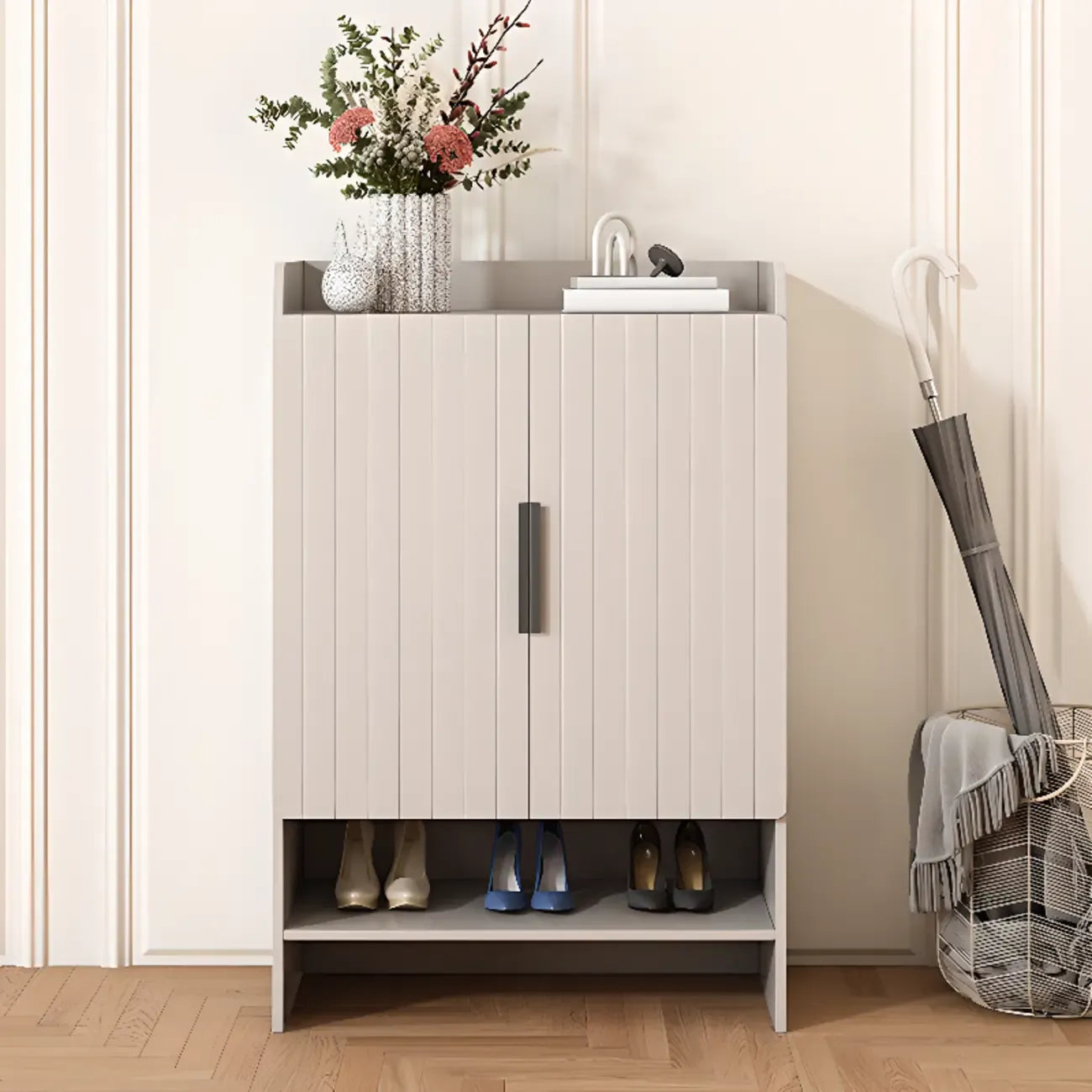 Vertical Wooden White Shoe Cabinet with Doors