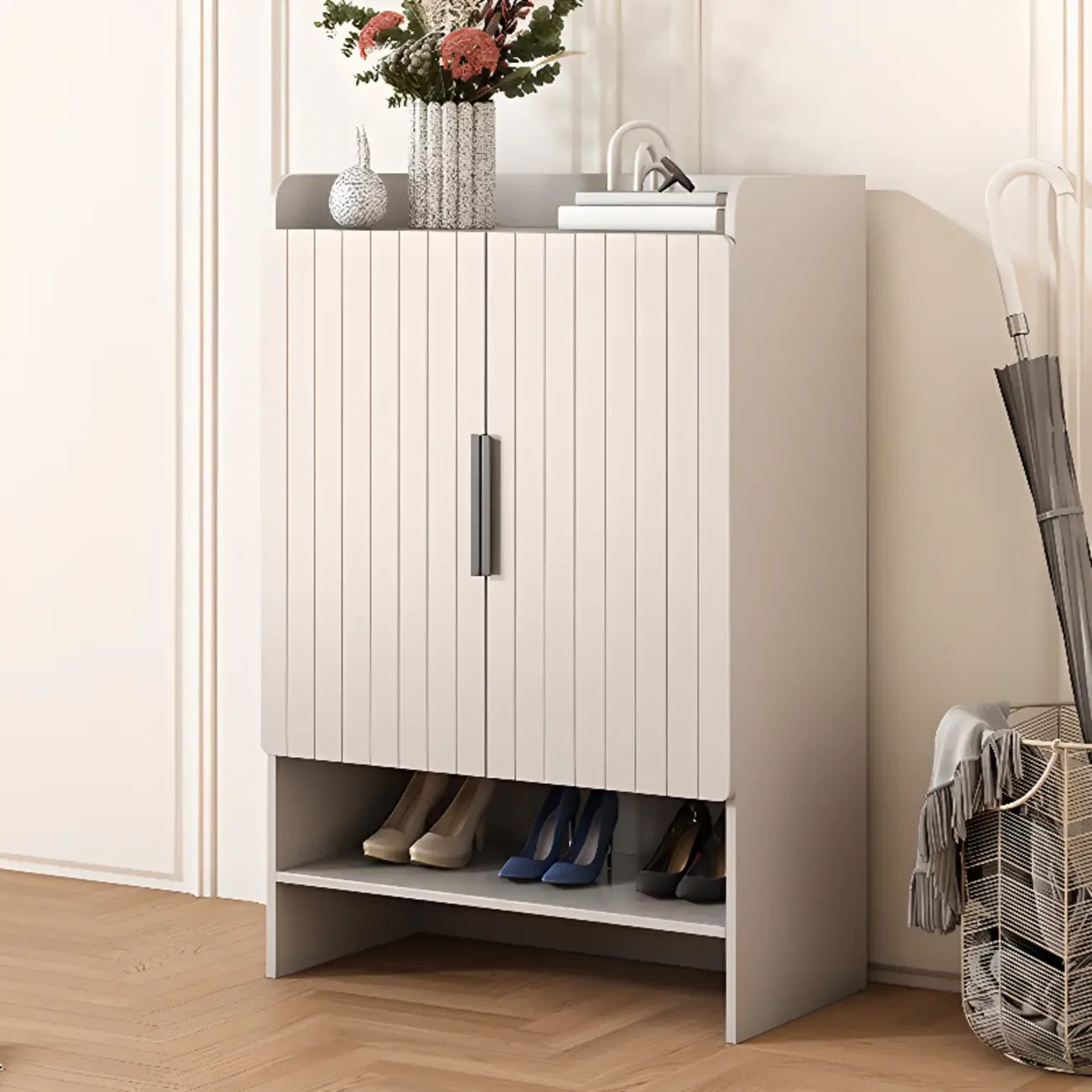 Vertical Wooden White Shoe Cabinet with Doors