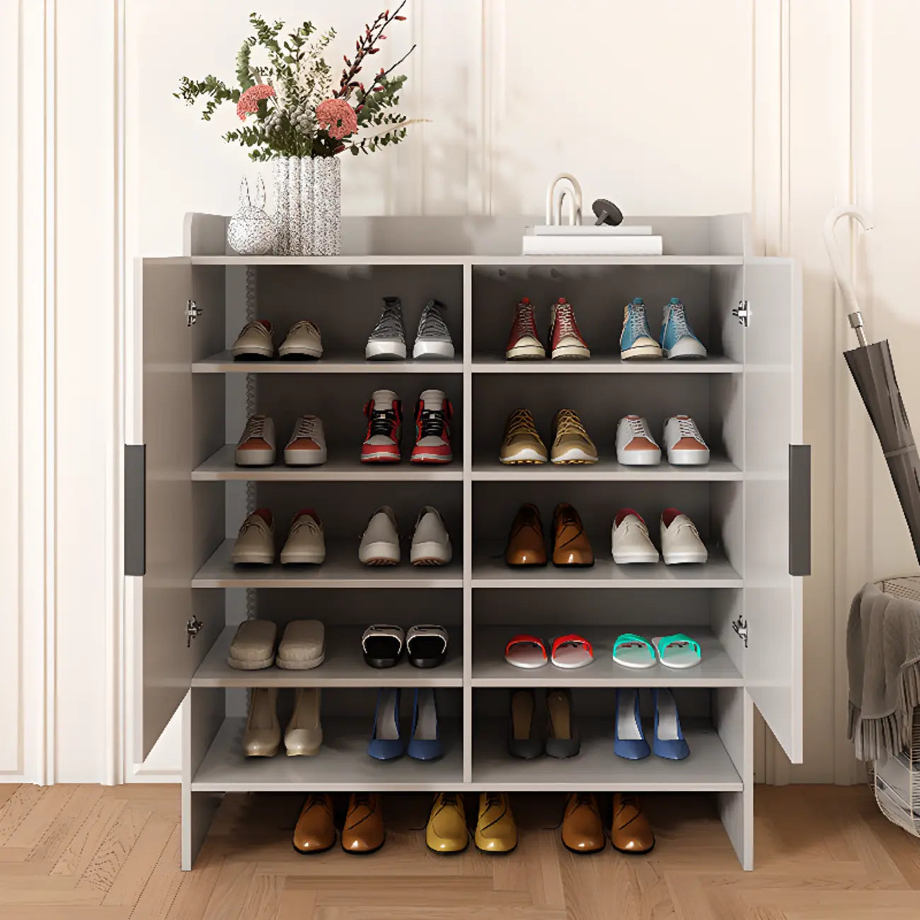 Vertical Wooden White Shoe Cabinet with Doors