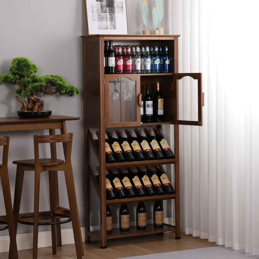 Modern Wooden Wine Rack with Glass Storage Shelves
