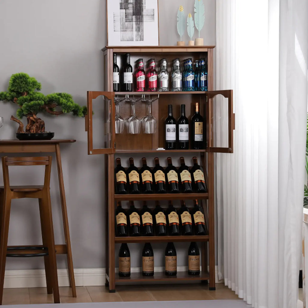Modern Wooden Wine Rack with Glass Storage Shelves