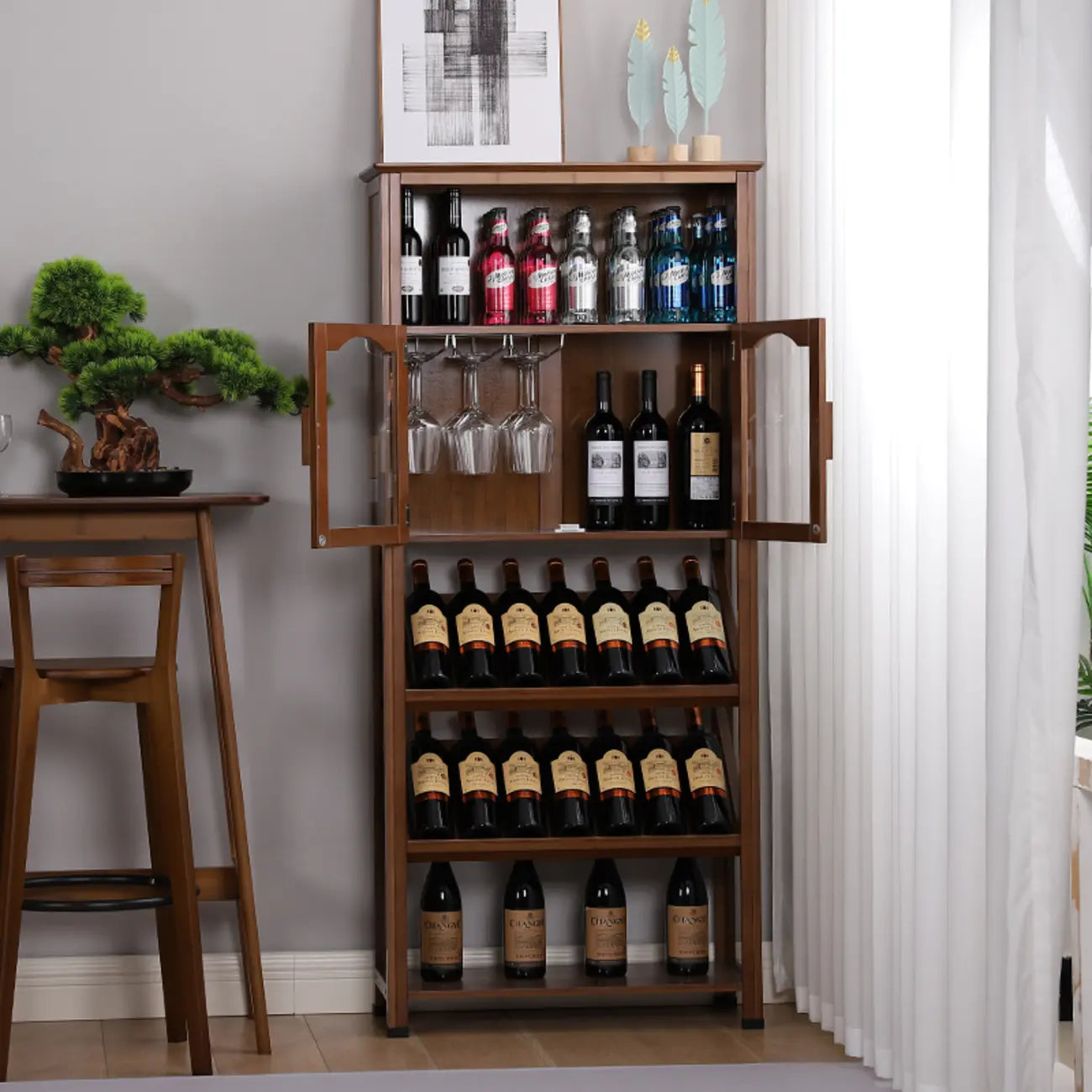 Modern Wooden Wine Rack with Glass Storage Shelves
