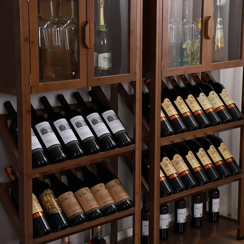 Modern Wooden Wine Rack with Glass Storage Shelves