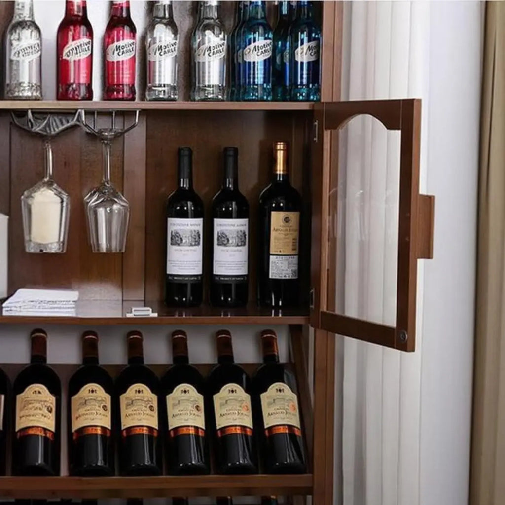 Modern Wooden Wine Rack with Glass Storage Shelves