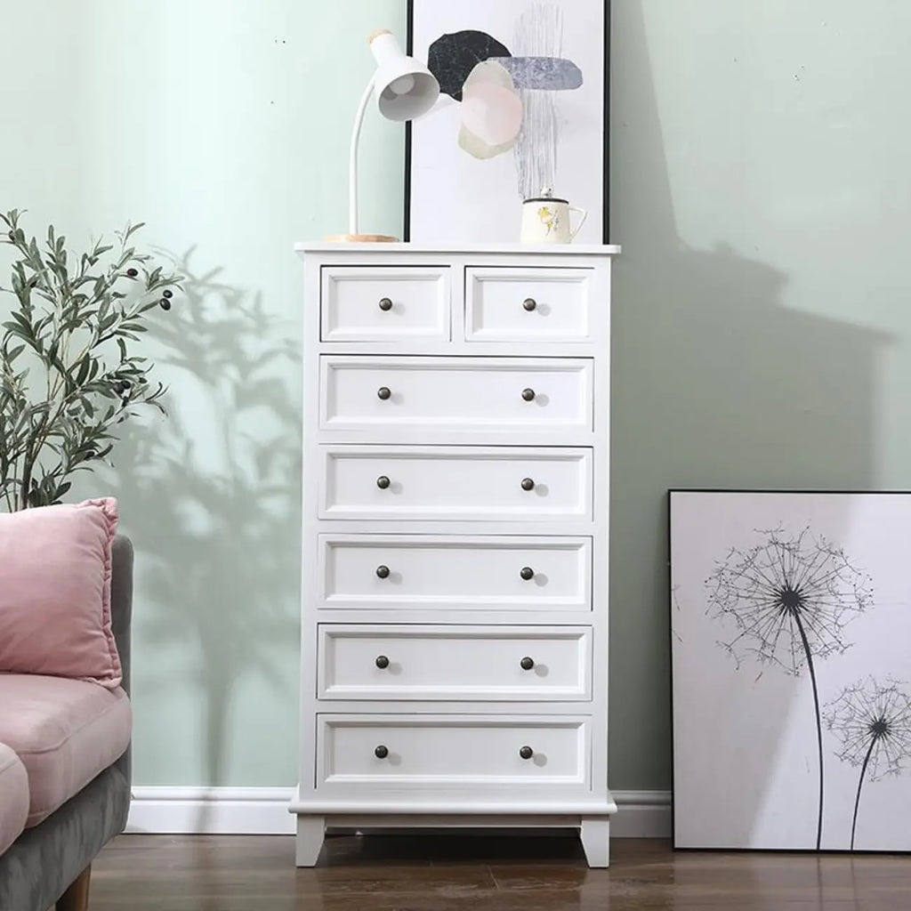 Elegant Wooden 7-Drawer White Dresser with Metal Handle