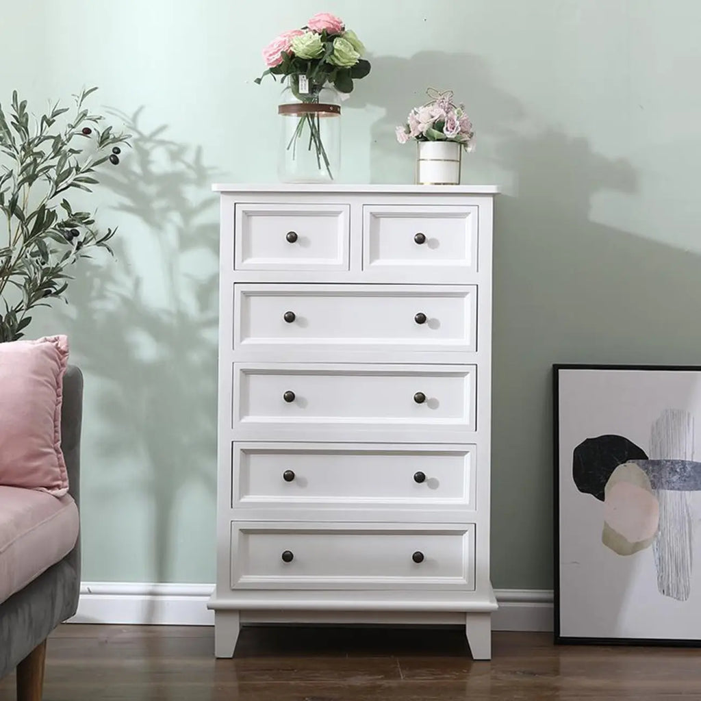 Elegant Wooden 7-Drawer White Dresser with Metal Handle