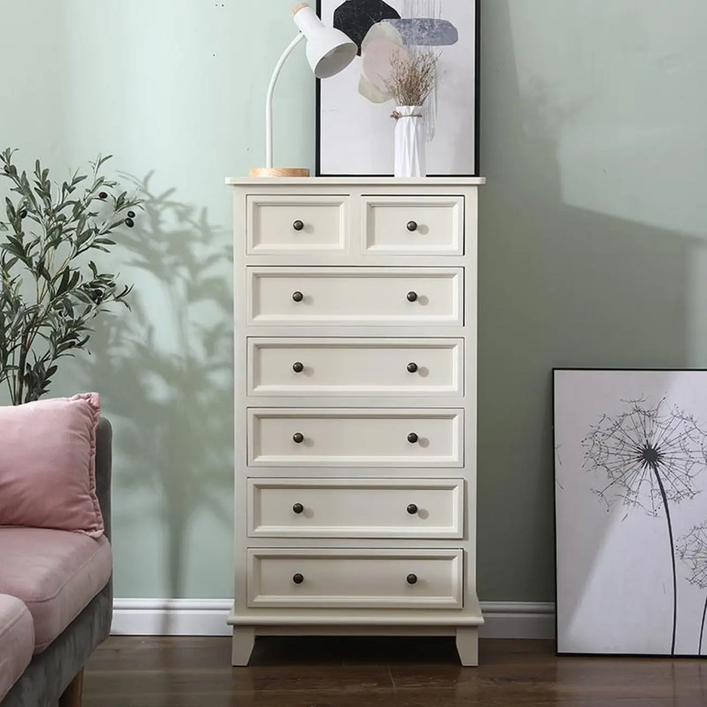 Elegant Wooden 7-Drawer White Dresser with Metal Handle