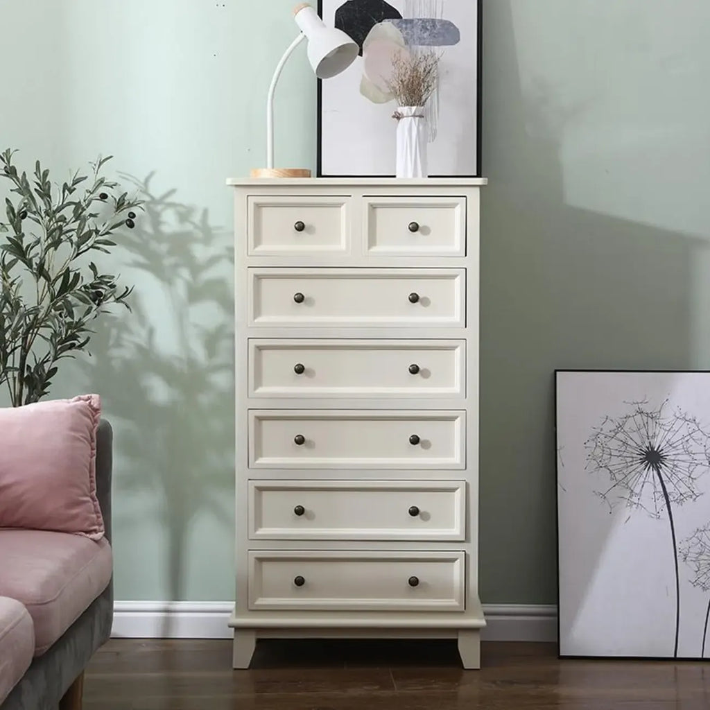Elegant Wooden 7-Drawer White Dresser with Metal Handle