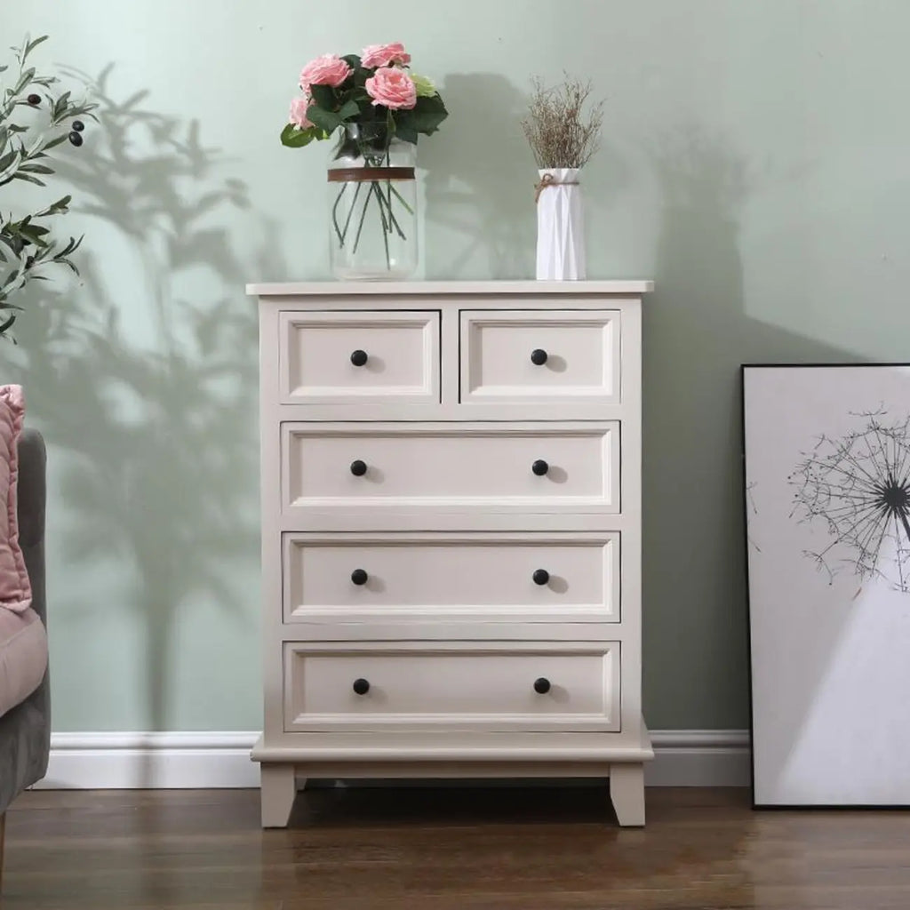 Elegant Wooden 7-Drawer White Dresser with Metal Handle