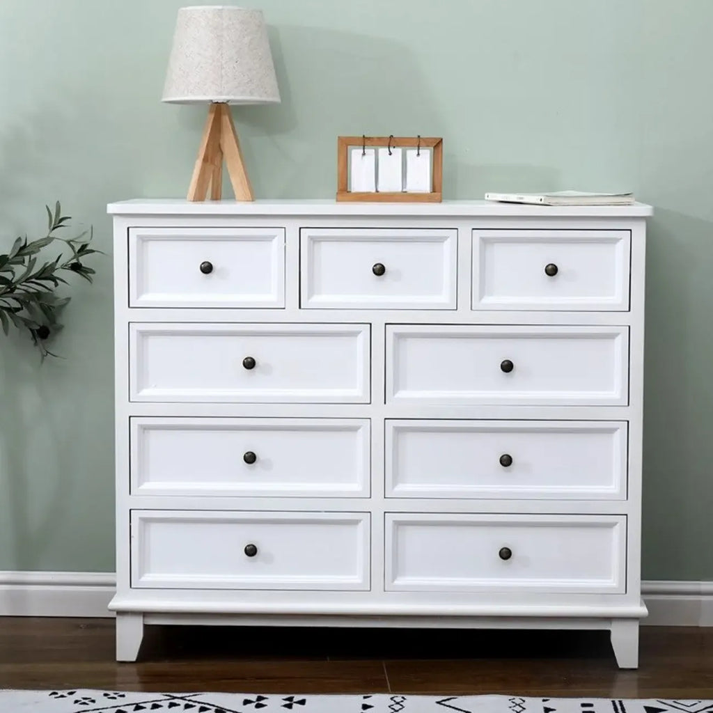 Elegant Wooden 7-Drawer White Dresser with Metal Handle