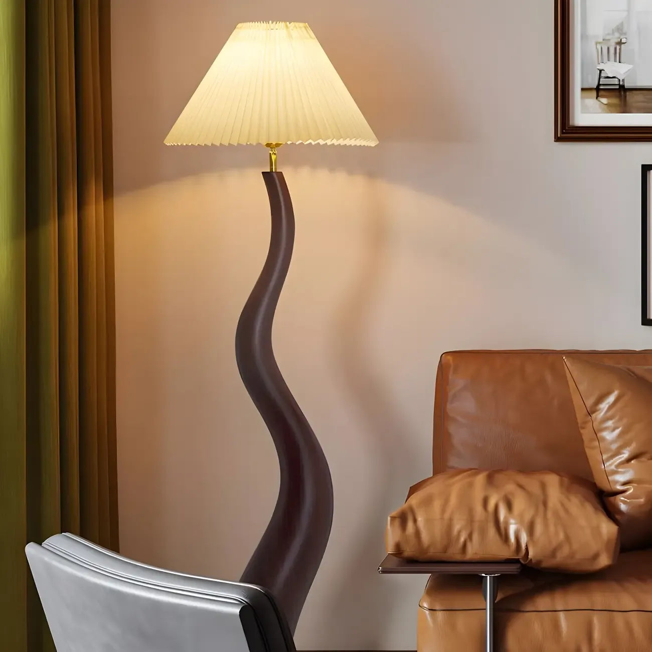 Oriental Resin Fabric Shade Wave Floor Lamp Adjustable