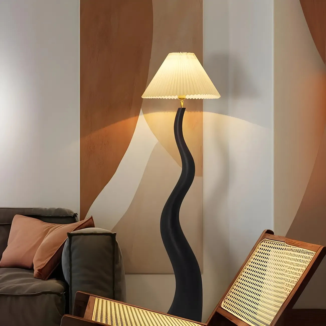 Oriental Resin Fabric Shade Wave Floor Lamp Adjustable