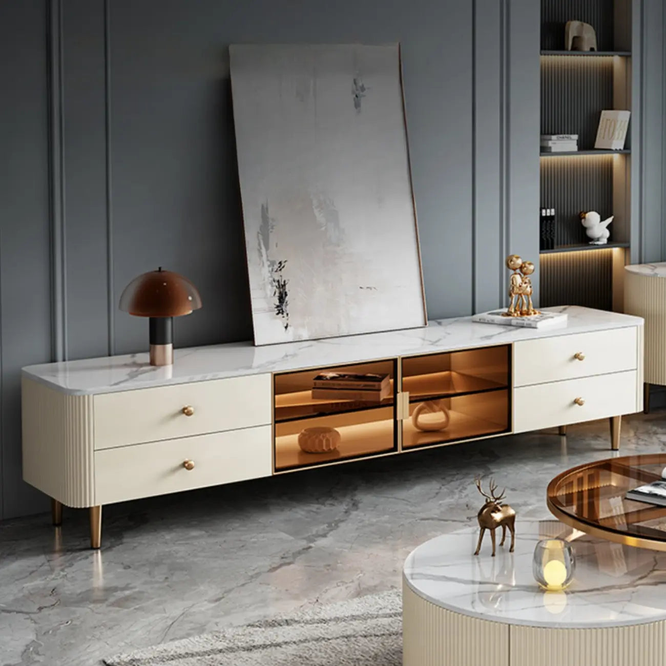 Beige Modern Stone TV Stand with LED LightS for Living Room