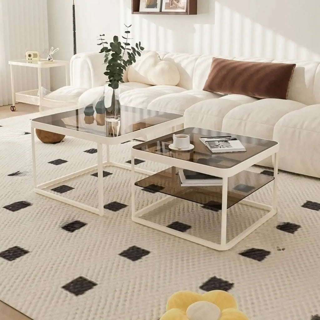 Modern Glass Nesting Coffee Table in Black with Storage