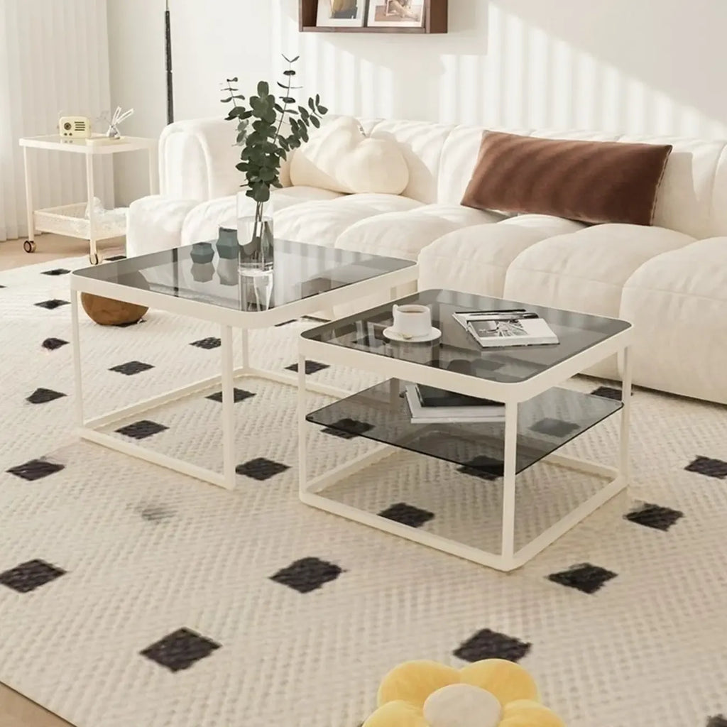 Modern Glass Nesting Coffee Table in Black with Storage