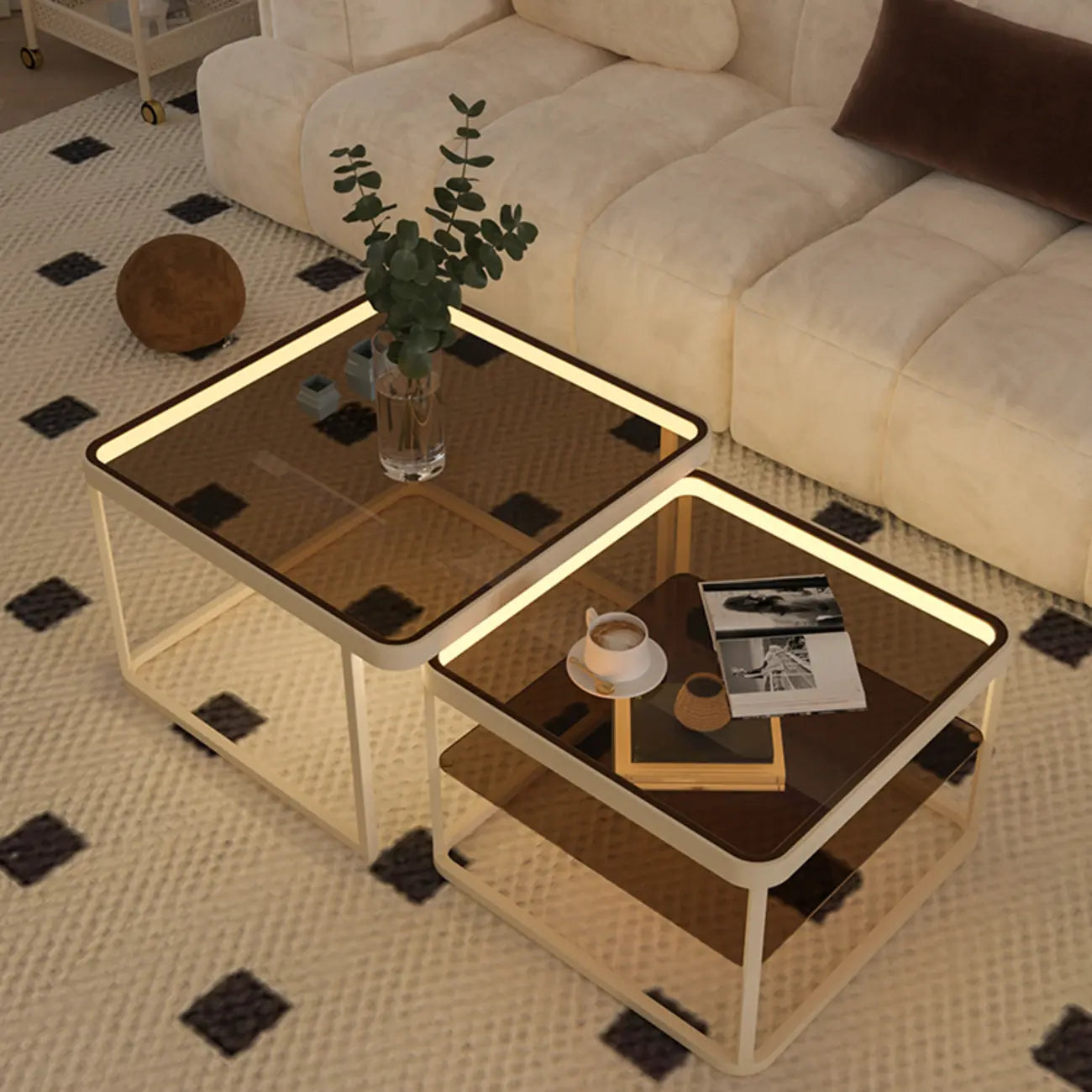 Modern Glass Nesting Coffee Table in Black with Storage