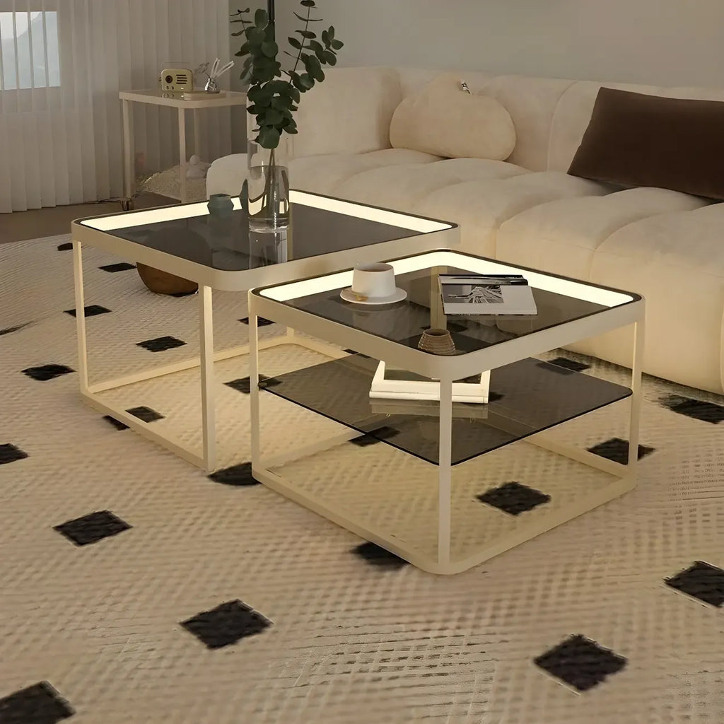 Modern Glass Nesting Coffee Table in Black with Storage