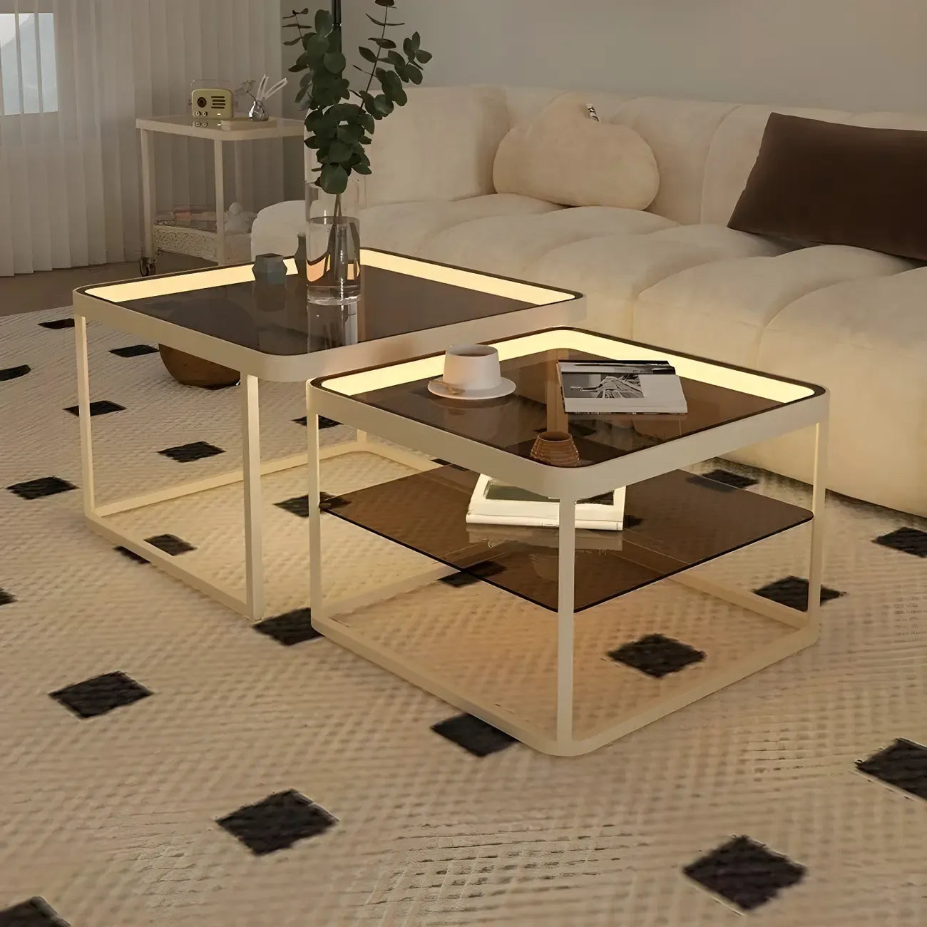 Modern Glass Nesting Coffee Table in Black with Storage