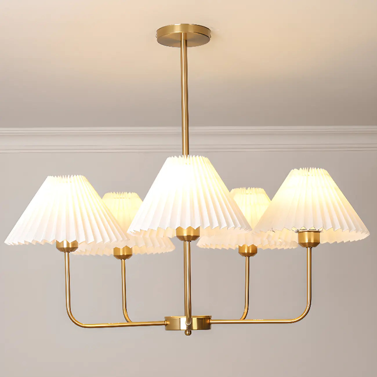 Modern Gold Chandelier with Pleated Shades for Living Room