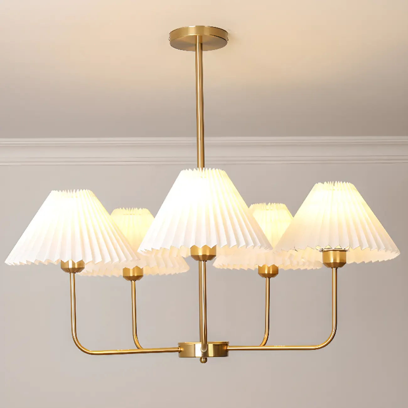 Modern Gold Chandelier with Pleated Shades for Living Room