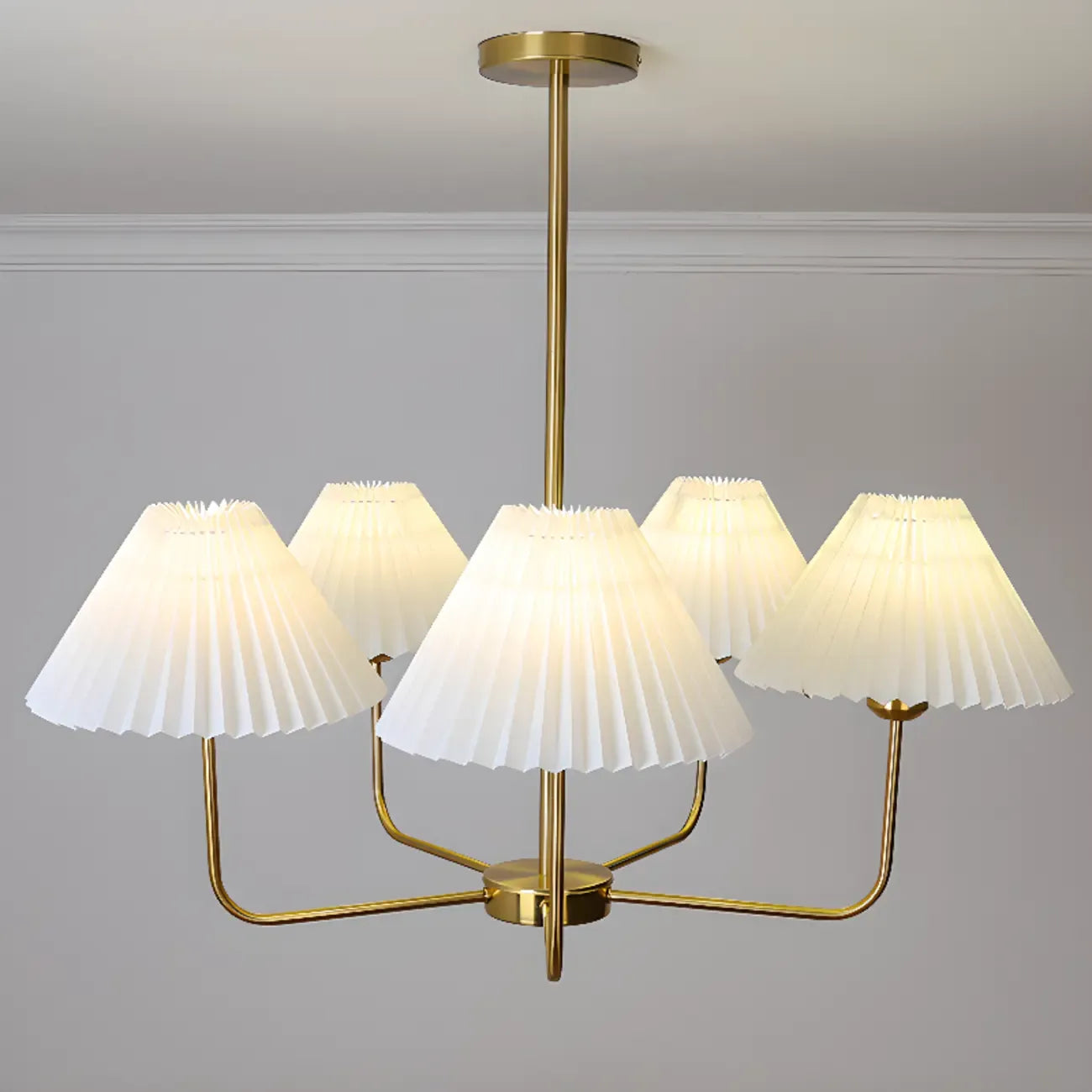 Modern Gold Chandelier with Pleated Shades for Living Room