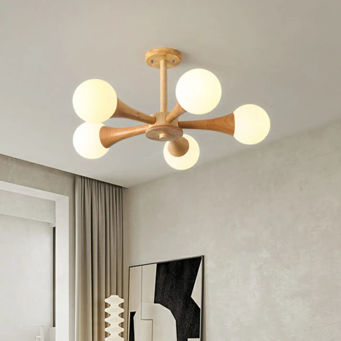 Elegant Wood Flush Mount Chandelier with 5 Lights for Bedroom