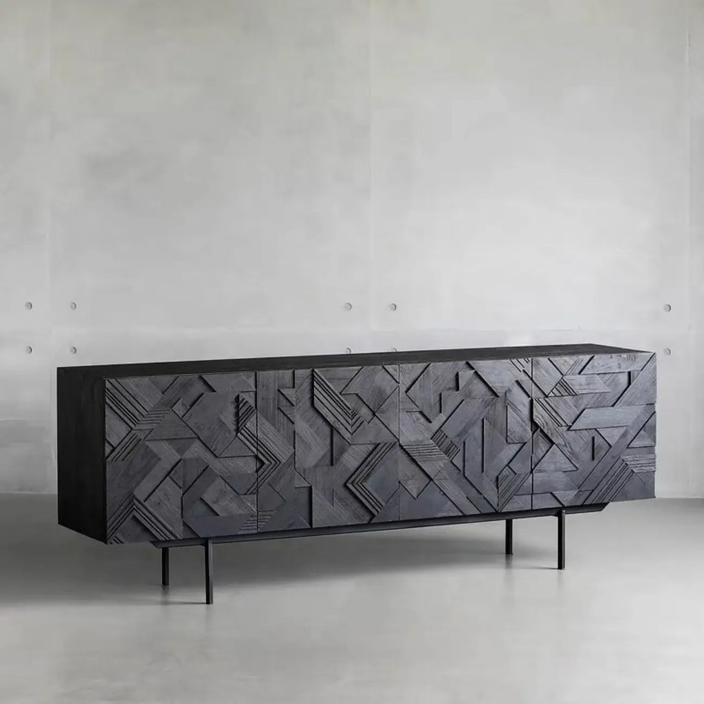 Modern Black Geometric Wooden Buffet Table with Cabinets