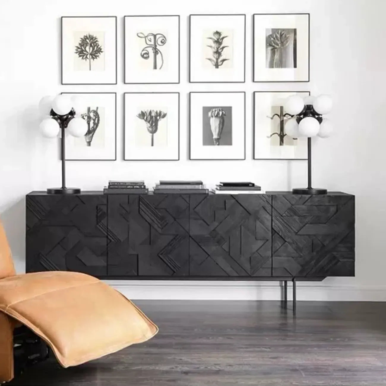 Modern Black Geometric Wooden Buffet Table with Cabinets