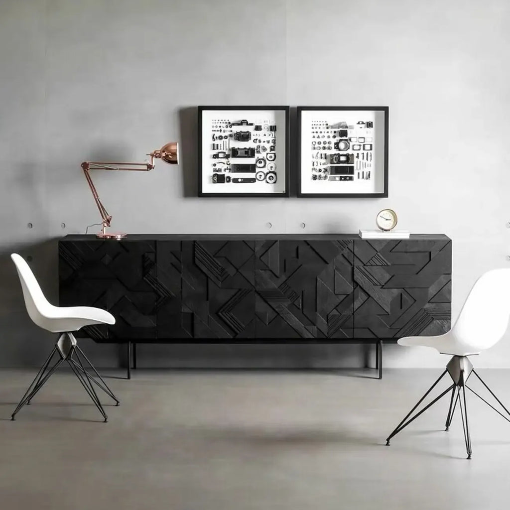 Modern Black Geometric Wooden Buffet Table with Cabinets