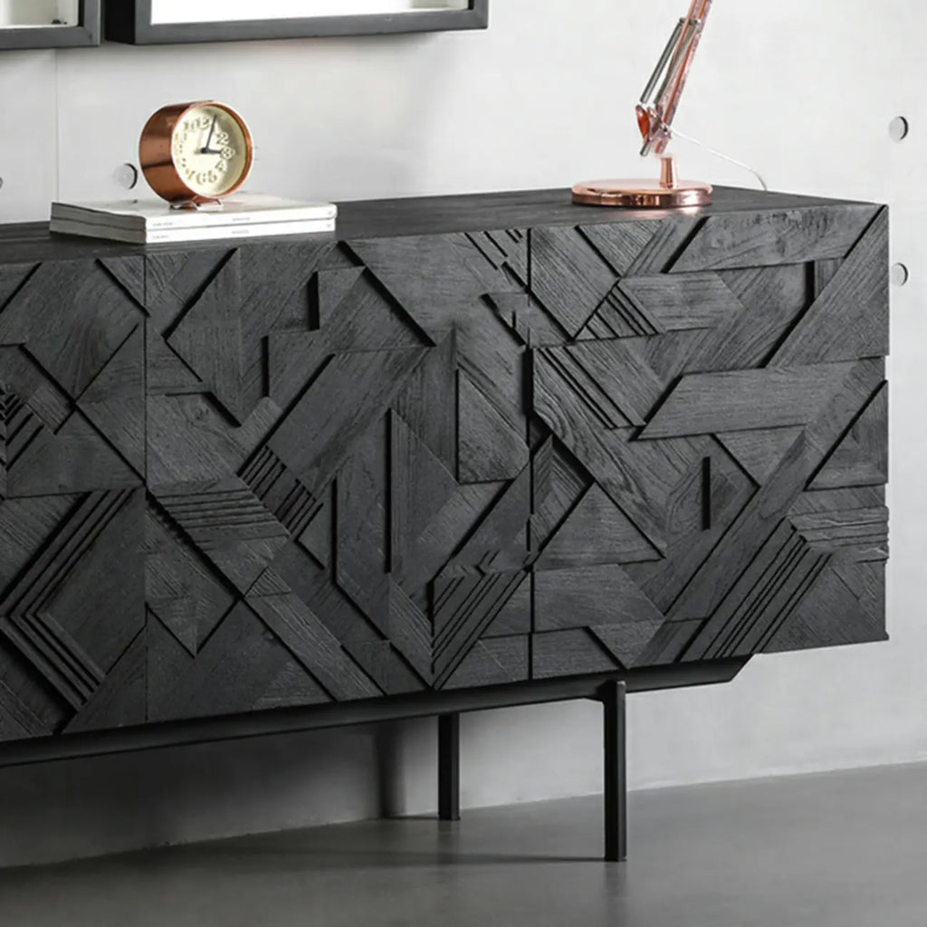 Modern Black Geometric Wooden Buffet Table with Cabinets
