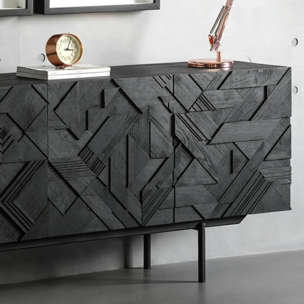 Modern Black Geometric Wooden Buffet Table with Cabinets