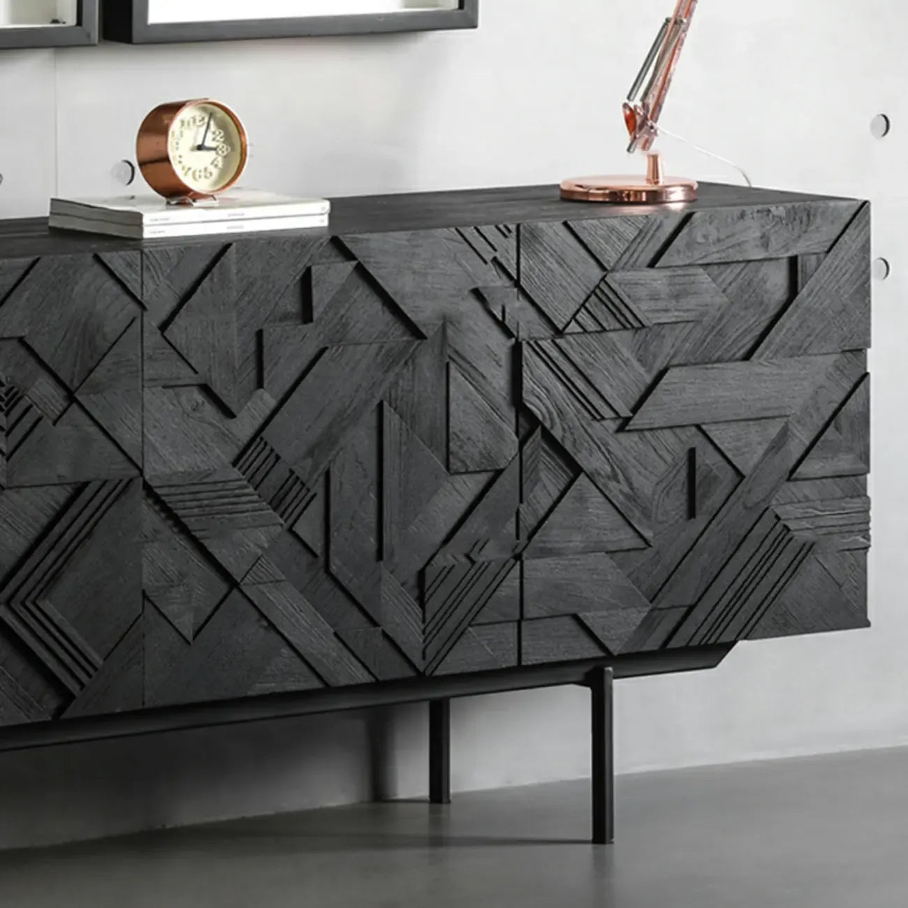 Modern Black Geometric Wooden Buffet Table with Cabinets