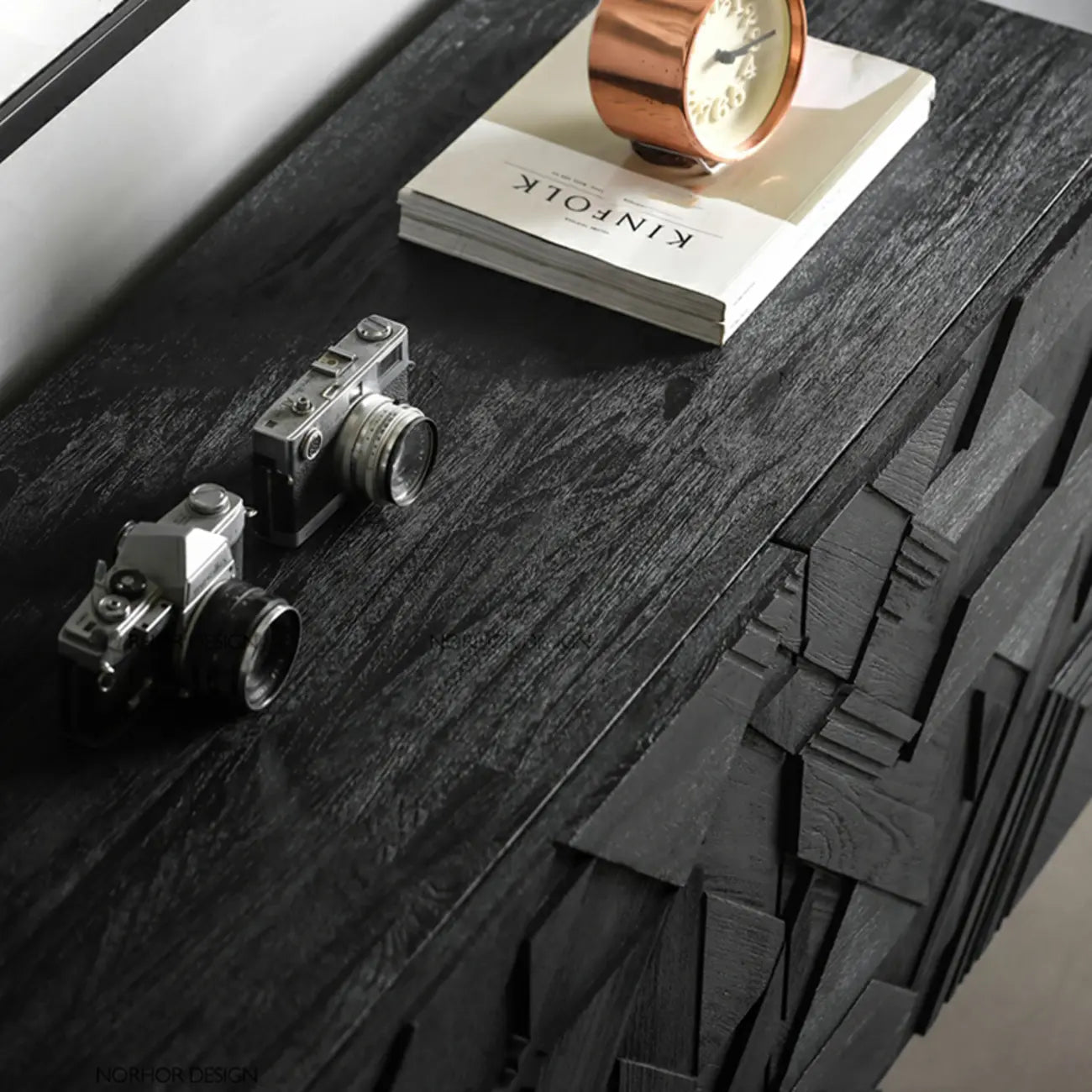 Modern Black Geometric Wooden Buffet Table with Cabinets