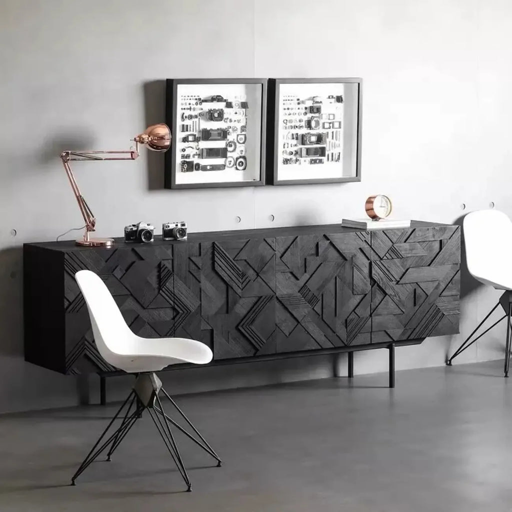 Modern Black Geometric Wooden Buffet Table with Cabinets
