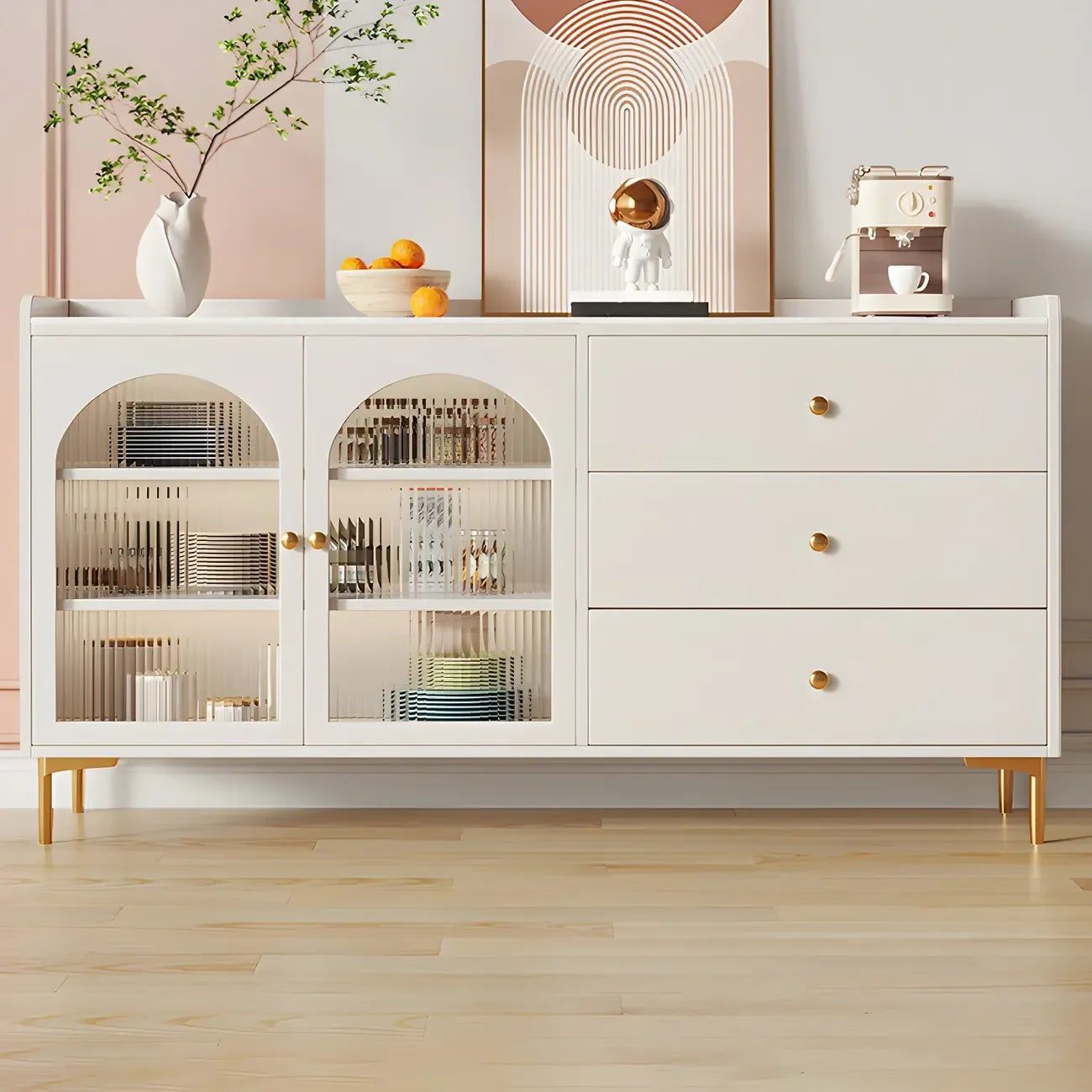 Glam White Wooden Buffet Table with Drawers & Shelves