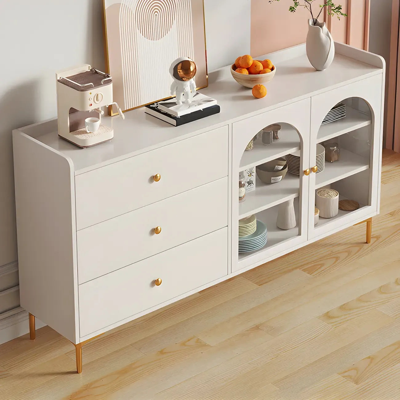 Glam White Wooden Buffet Table with Drawers & Shelves
