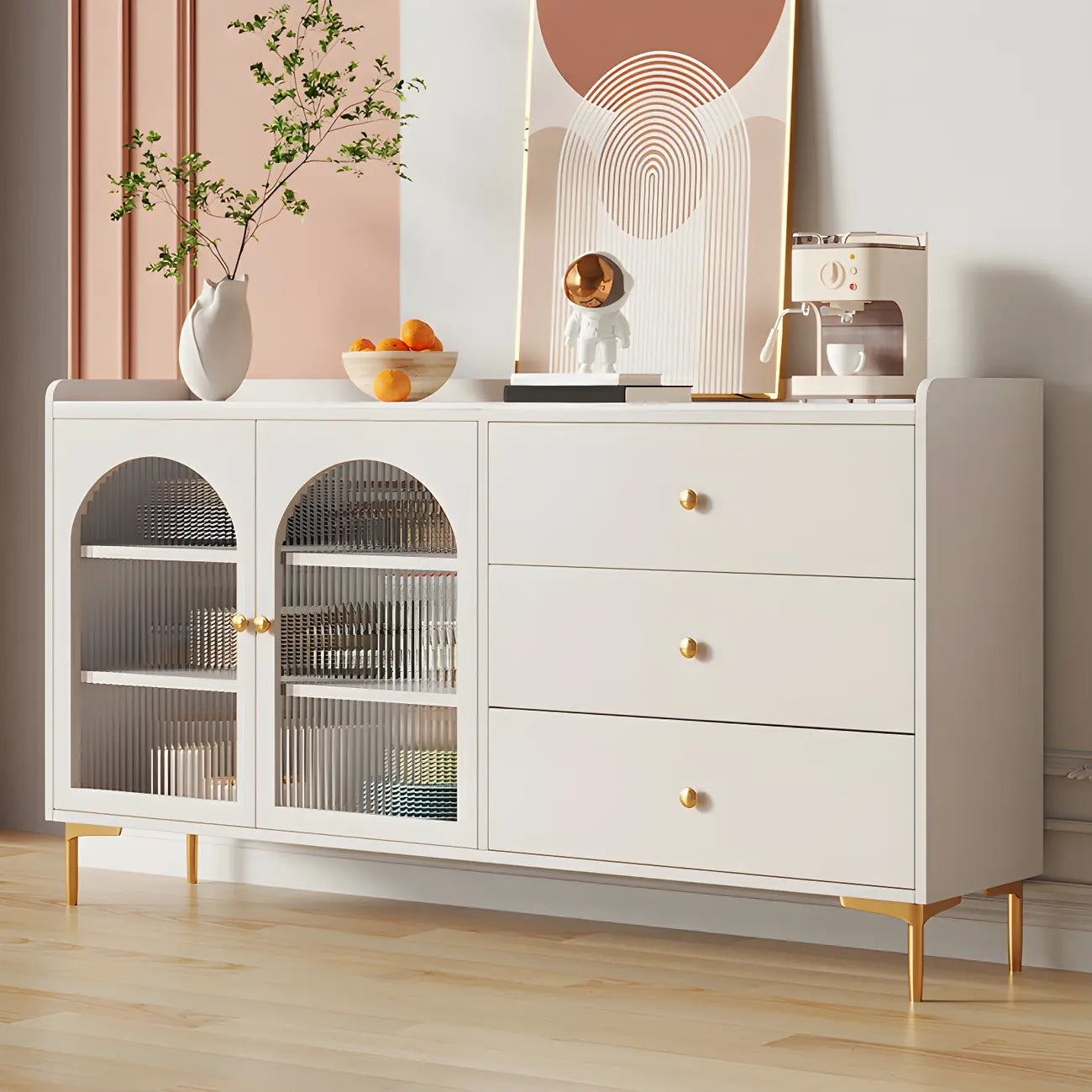 Glam White Wooden Buffet Table with Drawers & Shelves