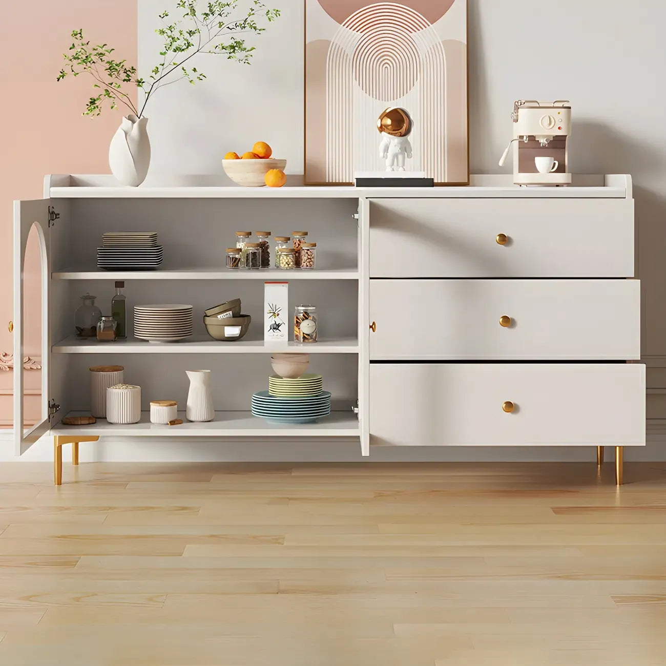 Glam White Wooden Buffet Table with Drawers & Shelves
