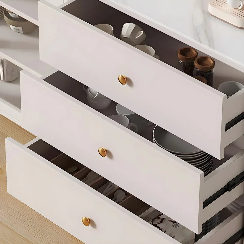 Glam White Wooden Buffet Table with Drawers & Shelves