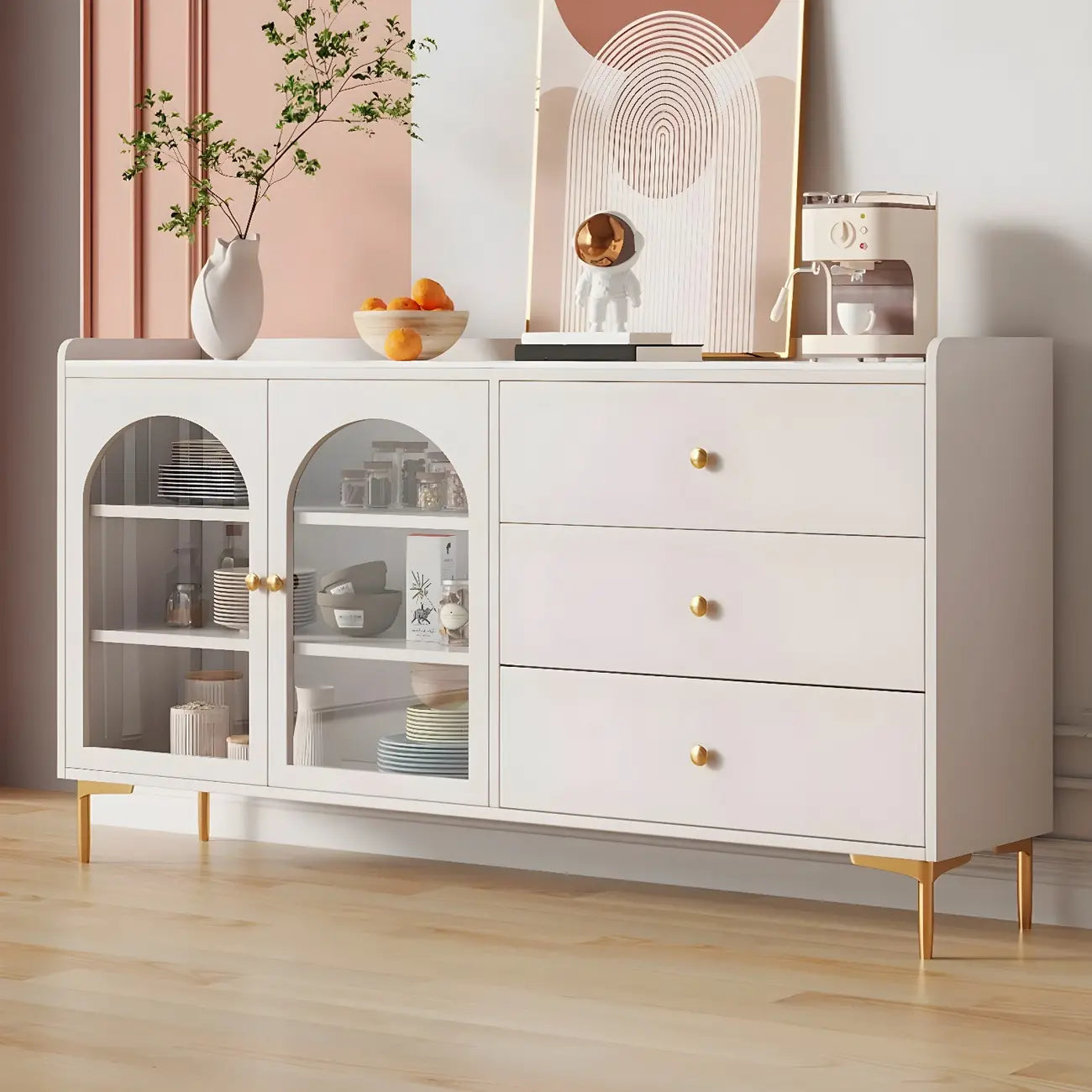 Glam White Wooden Buffet Table with Drawers & Shelves