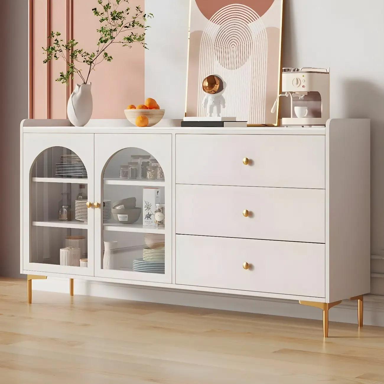 Glam White Wooden Buffet Table with Drawers & Shelves