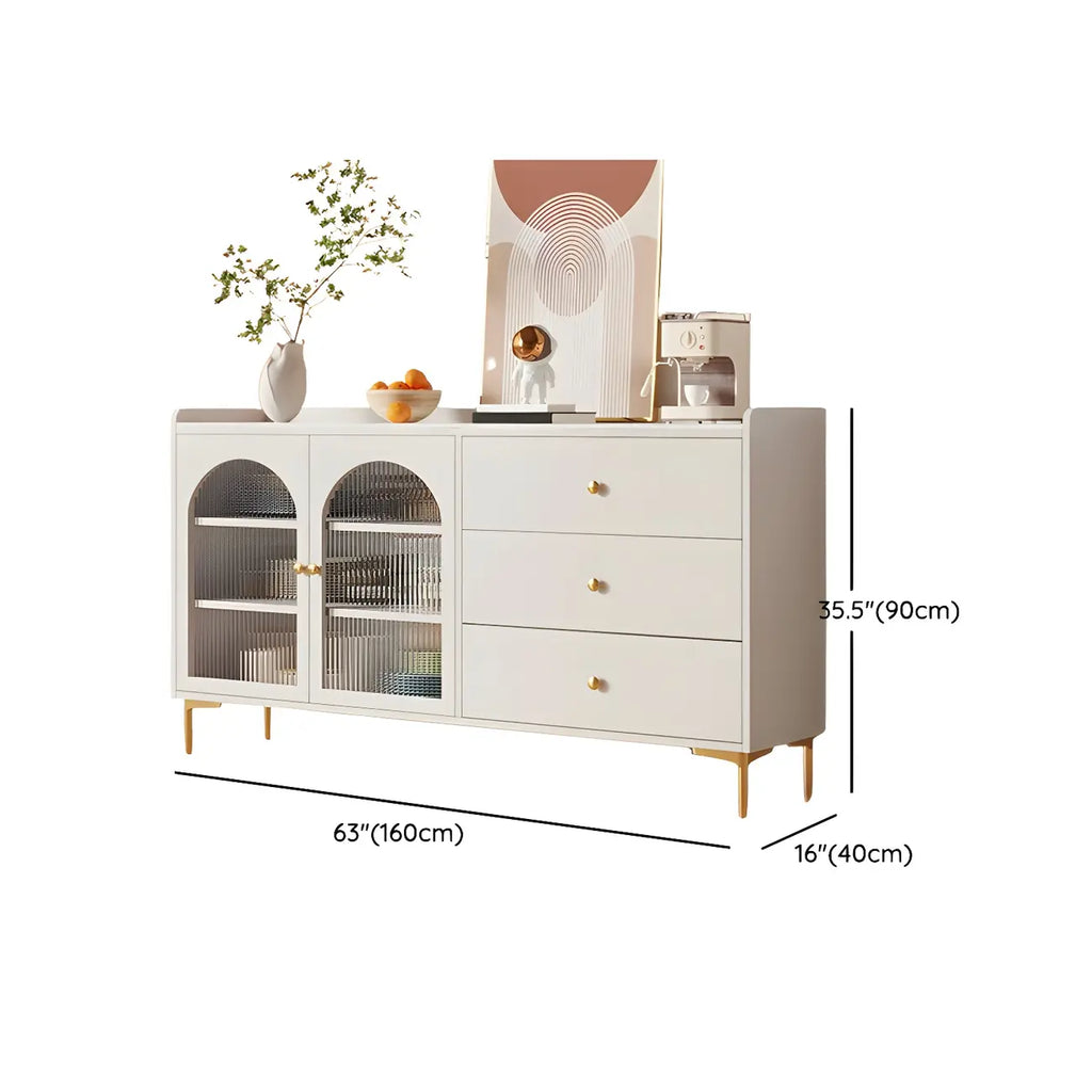 Glam White Wooden Buffet Table with Drawers & Shelves