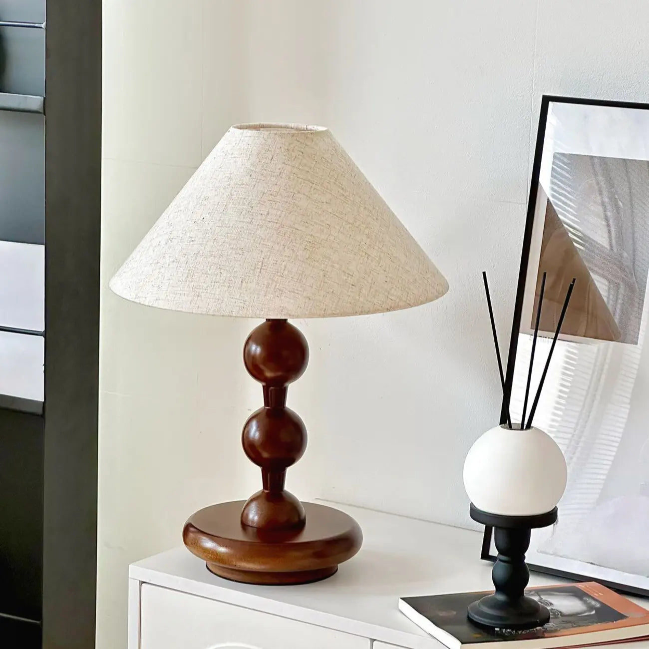 White Cone Shade Wooden Base Table Lamp for Bedroom