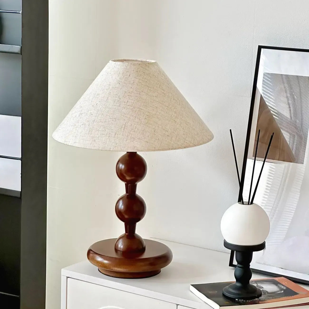 White Cone Shade Wooden Base Table Lamp for Bedroom