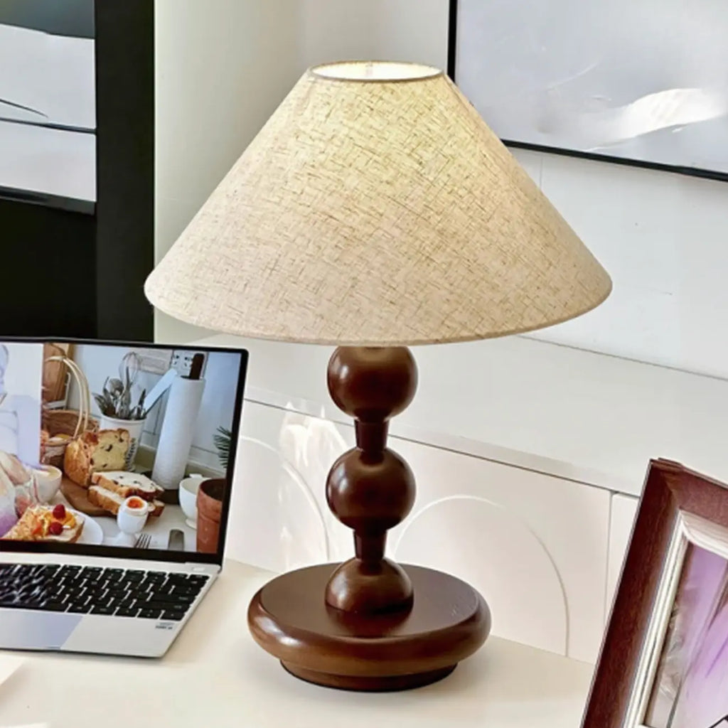White Cone Shade Wooden Base Table Lamp for Bedroom
