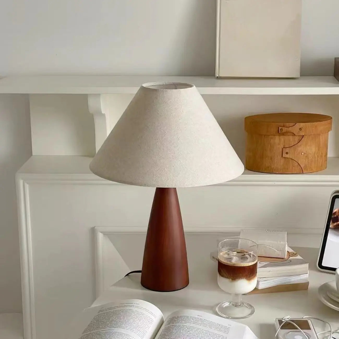 Trendy Walnut Wood Table Lamp Plug-In Electric for Bedroom