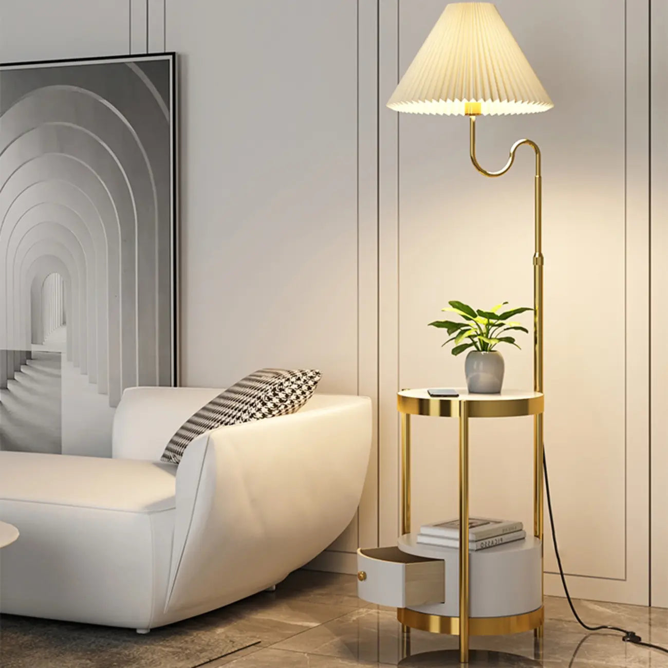 Modern Gold Linear Floor Lamp with Shelf & Pleated Shade