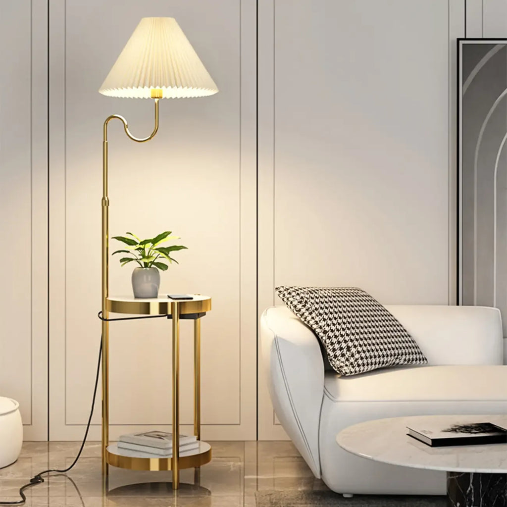 Modern Gold Linear Floor Lamp with Shelf & Pleated Shade