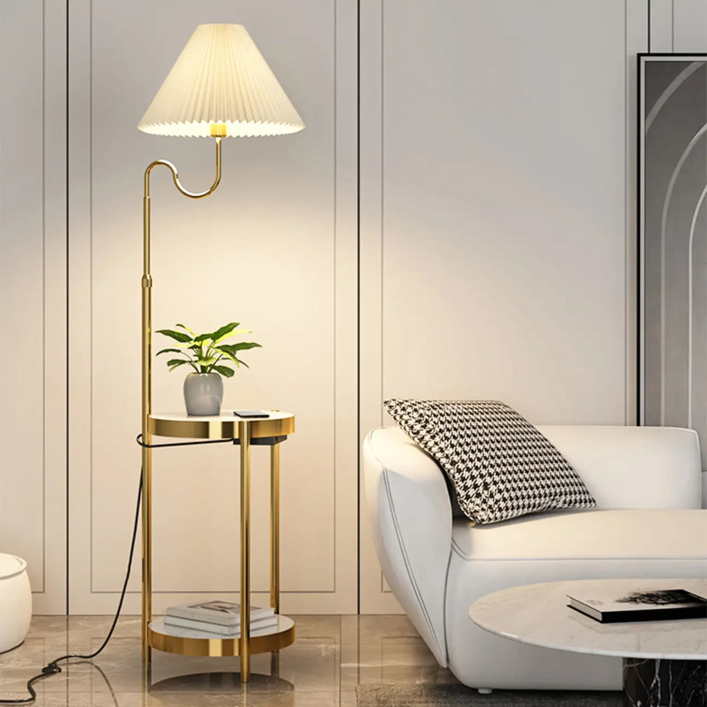 Modern Gold Linear Floor Lamp with Shelf & Pleated Shade