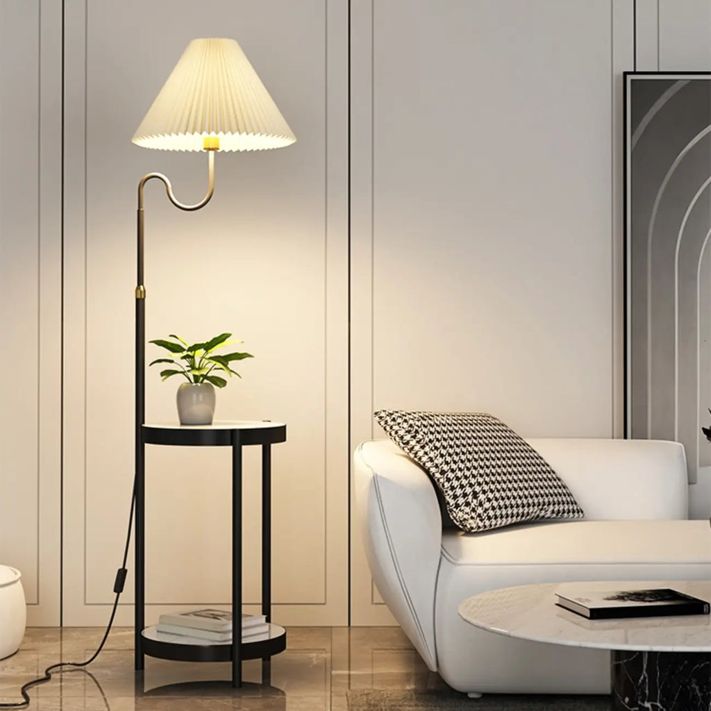 Modern Gold Linear Floor Lamp with Shelf & Pleated Shade